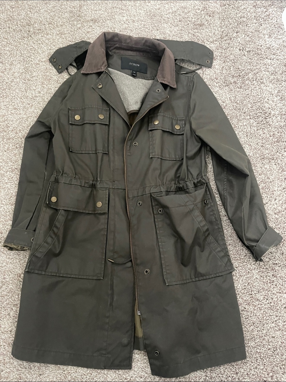J. Crew Olive Field Coat with Brown Corduroy Collar and detachable hood